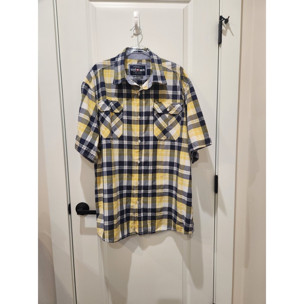 Ecko Unltd. Men's Yellow Plaid Button Up Shirt Size 3XL Hip Hop Y2K 90s Urban